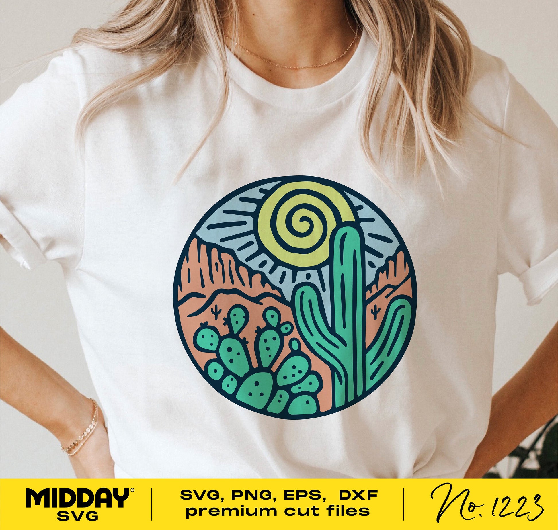 Person wearing a t-shirt with a colorful cactus and desert scene SVG design, available in SVG, PNG, EPS, DXF formats for Cricut and Silhouette.