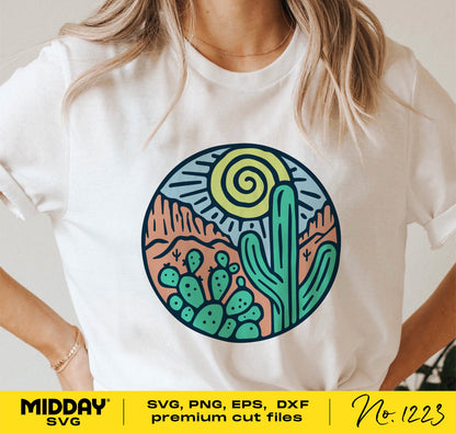 Person wearing a t-shirt with a colorful cactus and desert scene SVG design, available in SVG, PNG, EPS, DXF formats for Cricut and Silhouette.