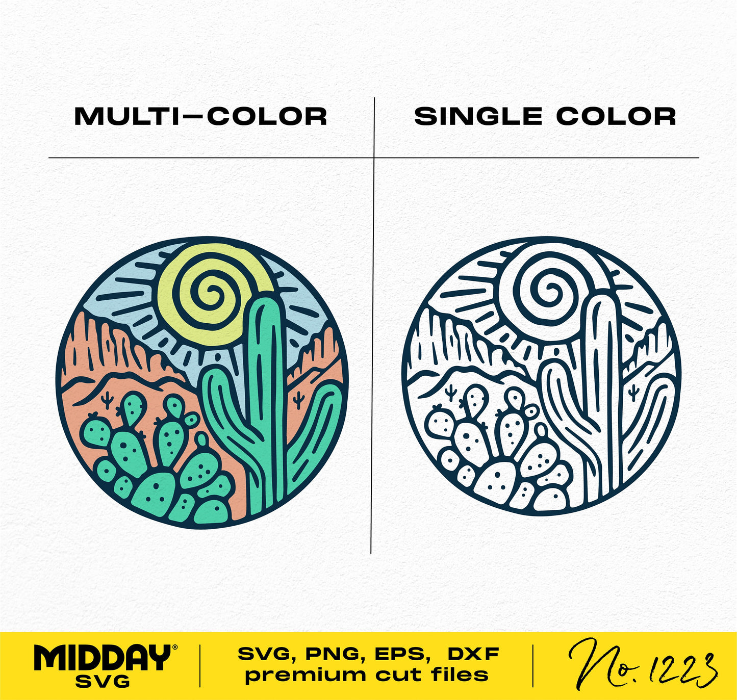 Multicolor and single color cactus SVG designs in circle, suitable for Cricut and Silhouette cutting machines. Includes SVG, PNG, DXF formats.