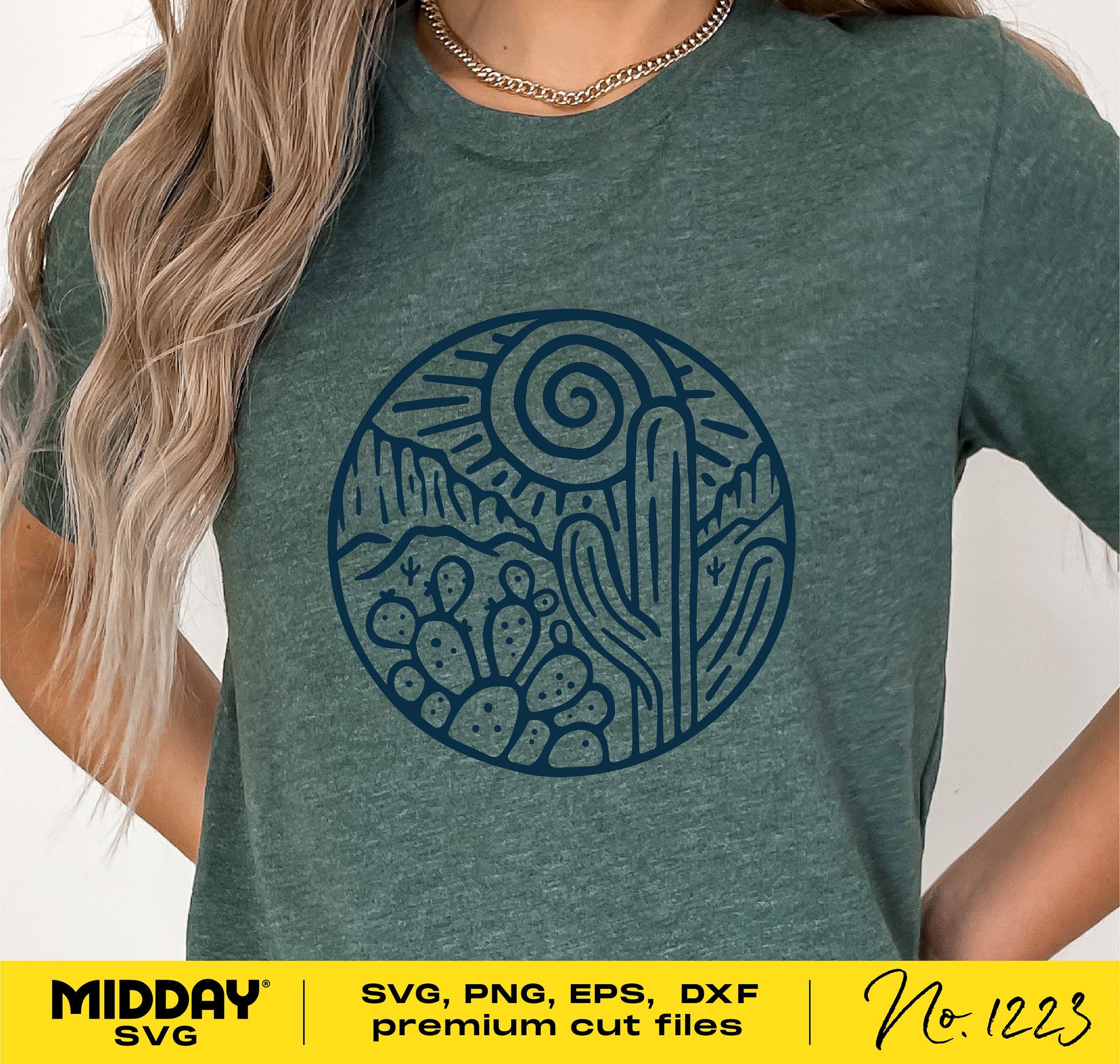 Green t-shirt with a circular cactus and desert scene design, available in SVG, PNG, EPS, DXF formats for Cricut and Silhouette.