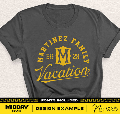 Custom family vacation t-shirt design with "Martinez Family Vacation 2023" in yellow font, ideal for summer and road trips.