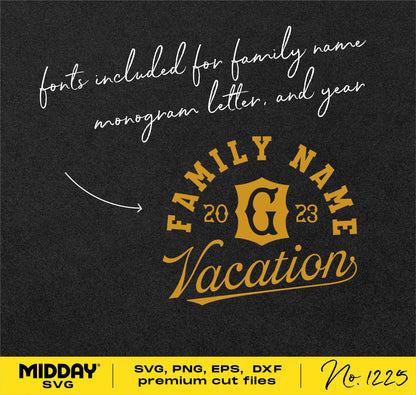 Family Vacation SVG design with customizable name and year monogram, includes fonts, available in SVG, PNG, EPS, DXF formats.
