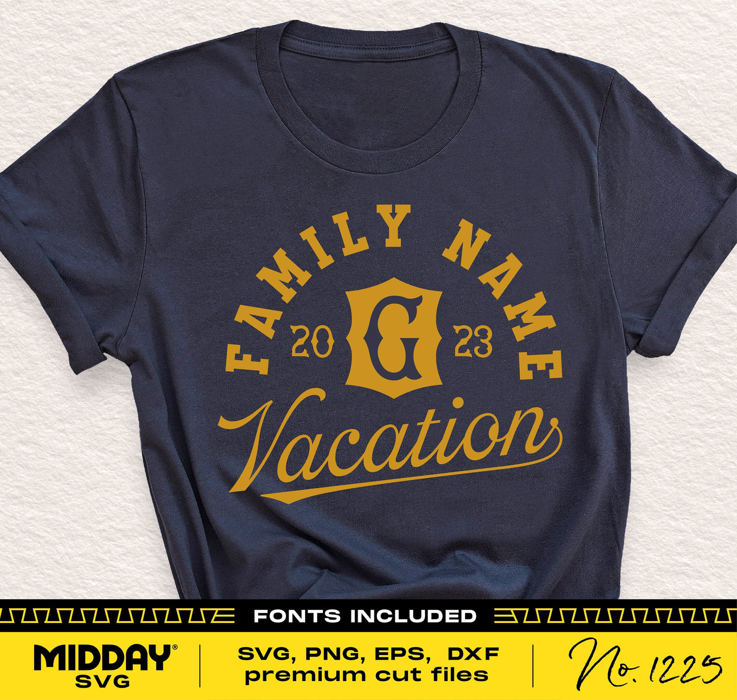 Family Vacation T-shirt design featuring customizable family name and year in SVG, PNG, EPS, DXF formats for Cricut and Silhouette.