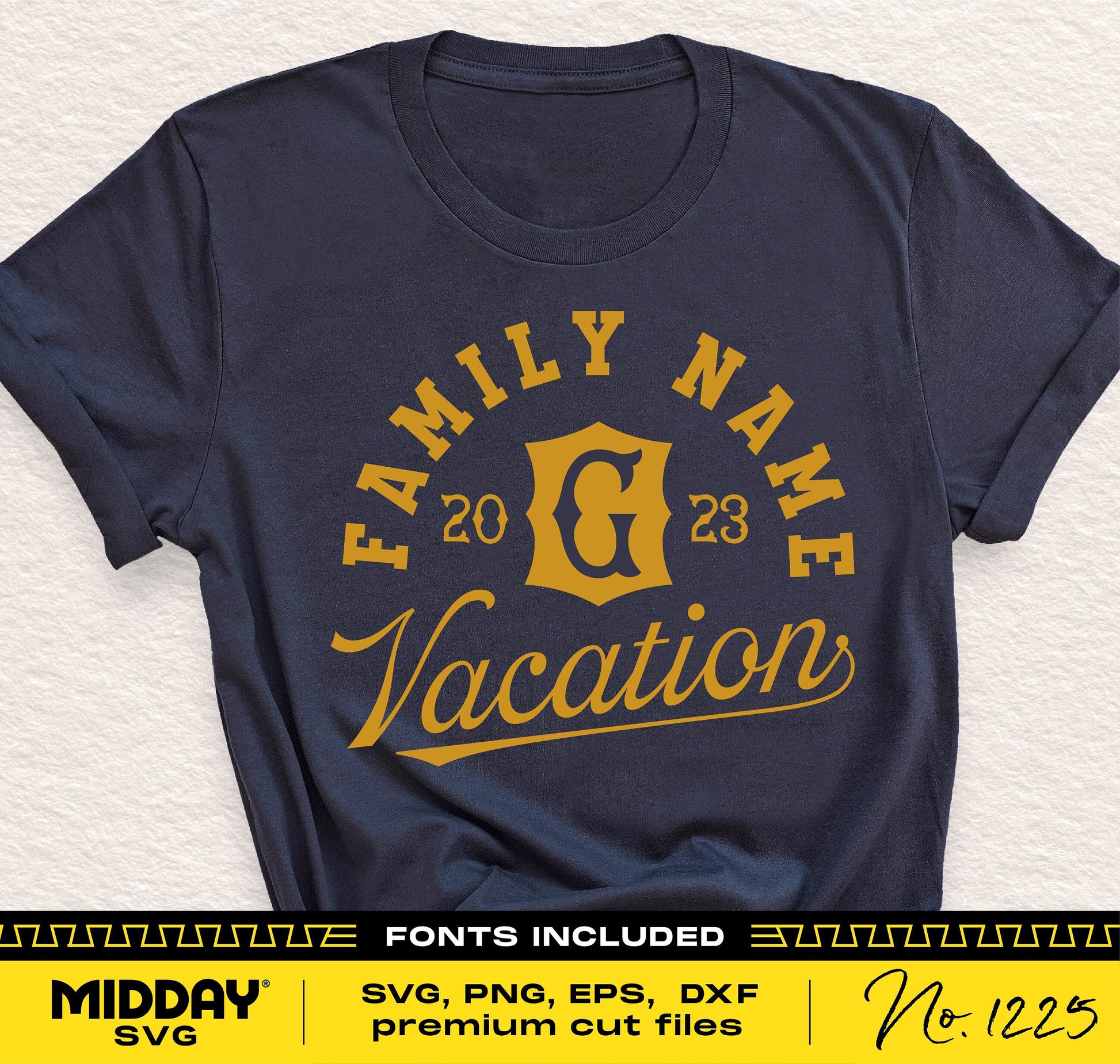 Family Vacation T-shirt design featuring customizable family name and year in SVG, PNG, EPS, DXF formats for Cricut and Silhouette.