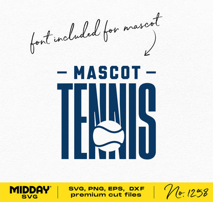 Tennis Mascot SVG design with text 'font included for mascot'. Available in SVG, PNG, EPS, DXF formats for Cricut and sublimation.