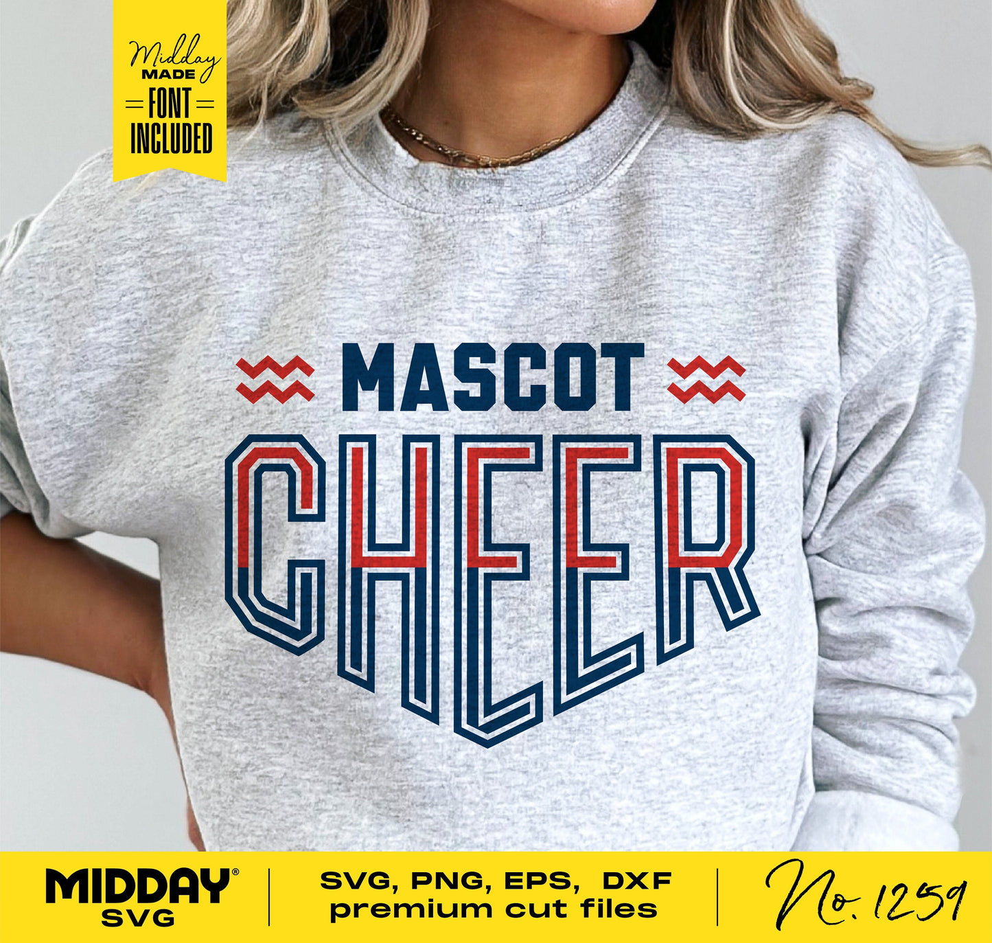 Cheer Team Template shirt with 'Mascot Cheer' design, available as SVG PNG DXF EPS for Cricut and sublimation projects.