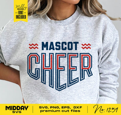 Cheer Team Template shirt with 'Mascot Cheer' design, available as SVG PNG DXF EPS for Cricut and sublimation projects.
