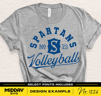 Gray Spartans Volleyball shirt design example with select fonts included, showcased by Midday SVG, design number 1226.