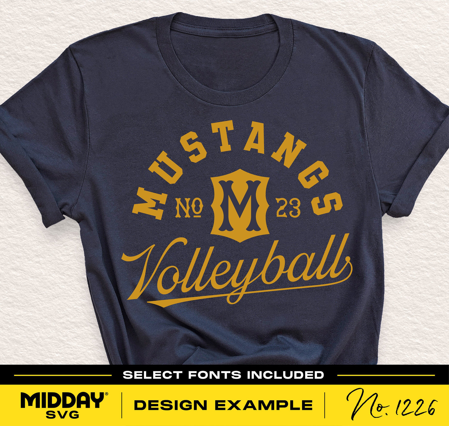 Mustangs volleyball T-shirt design with vintage lettering and logo in gold on a navy shirt, featuring select fonts from Midday SVG.