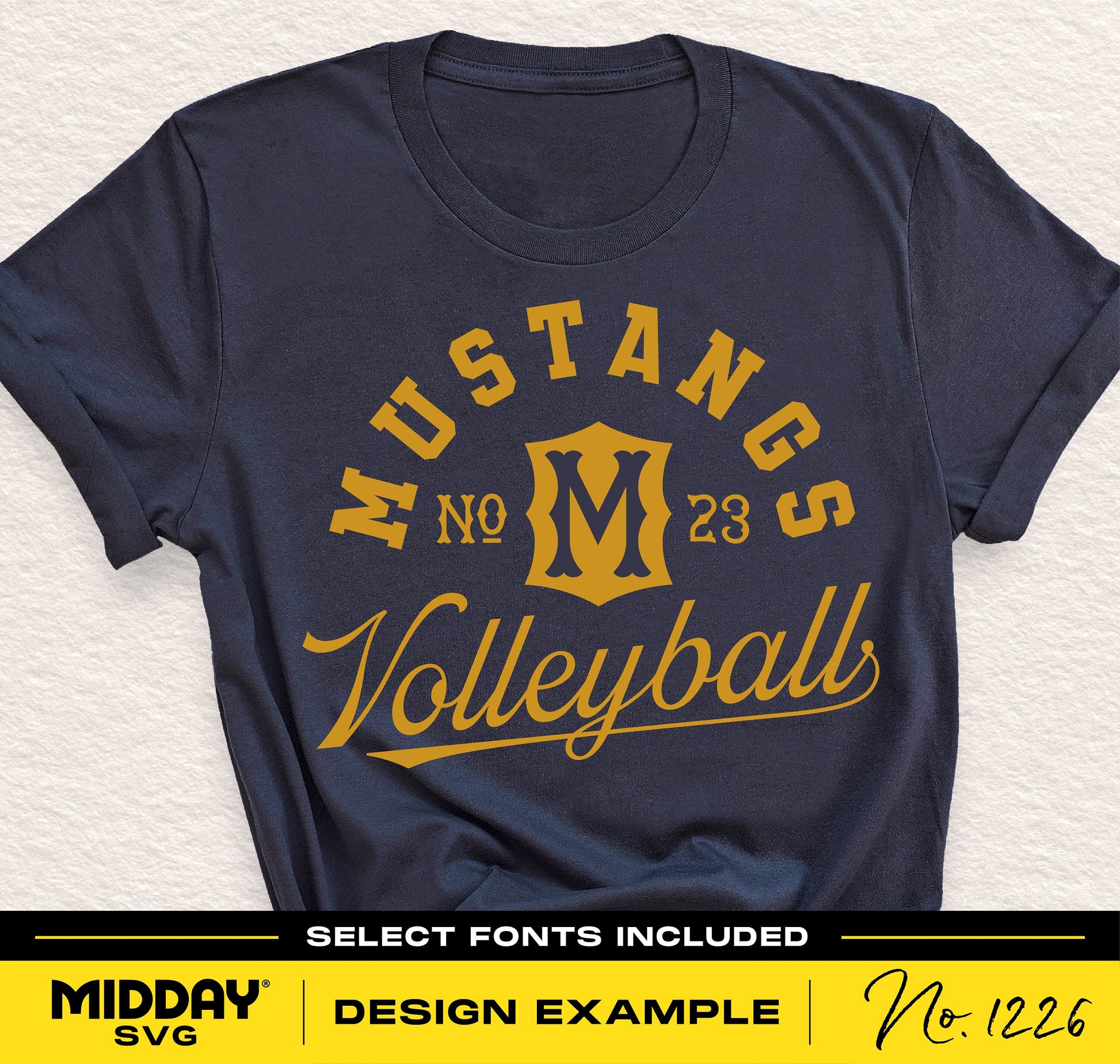 Mustangs volleyball T-shirt design with vintage lettering and logo in gold on a navy shirt, featuring select fonts from Midday SVG.