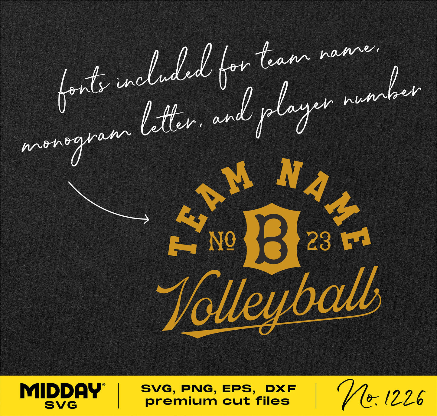 Volleyball SVG design template with customizable team name, player number, and monogram letter in gold lettering.