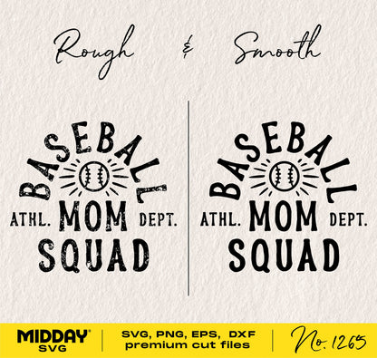 Baseball Mom Squad SVG design featuring rough and smooth text styles for crafting with Cricut and other cutting machines.