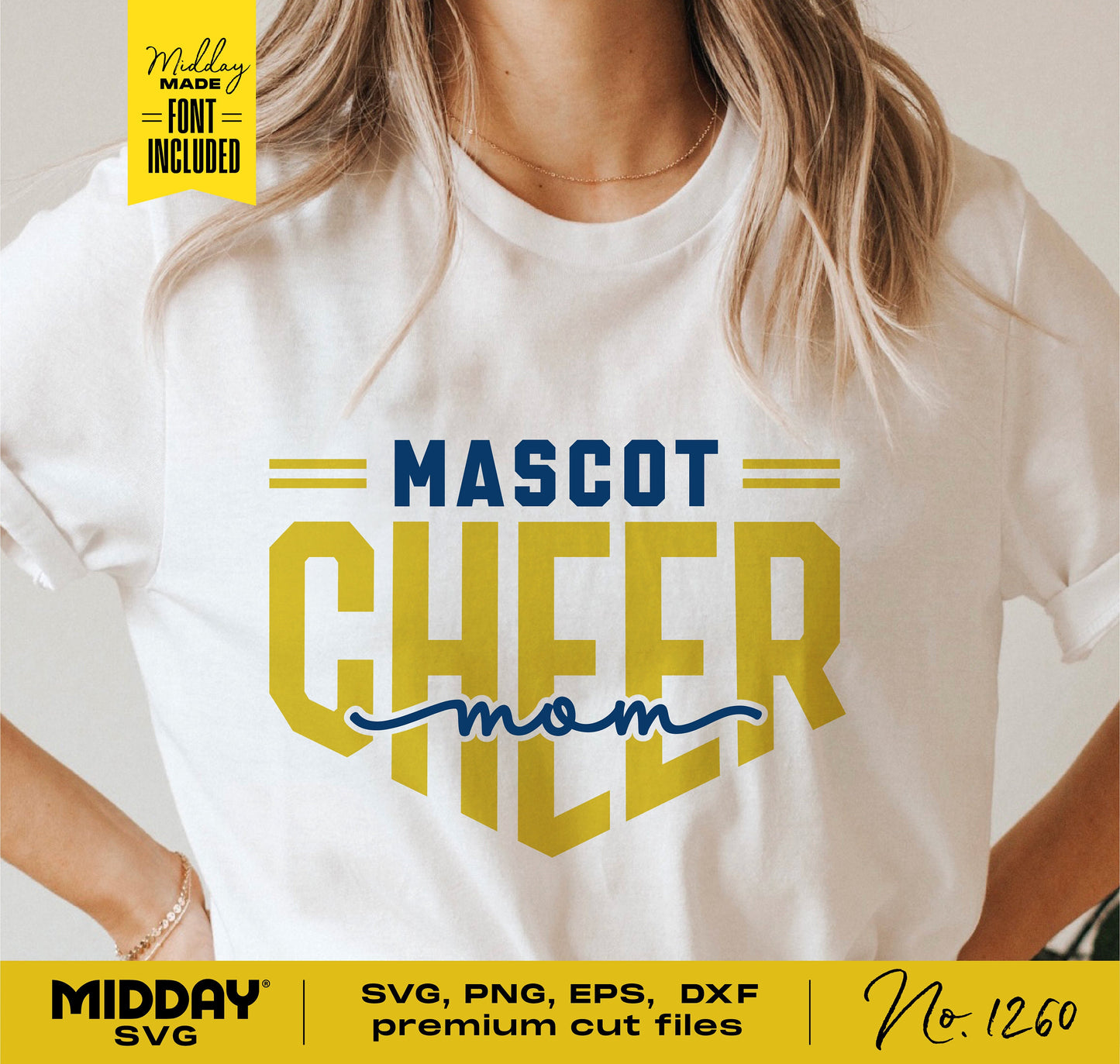 White shirt featuring 'Mascot Cheer Mom' design in bold yellow and navy, suitable for SVG, PNG, EPS, and DXF formats for Cricut.