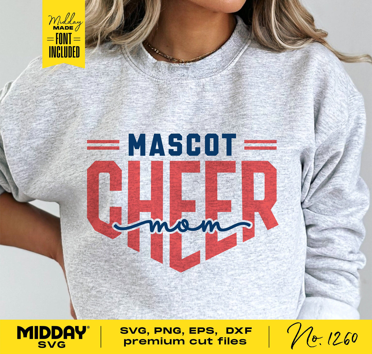 Cheer Mom sweatshirt design featuring the text 'Mascot Cheer Mom' in red and blue, perfect for Cricut projects and team apparel.