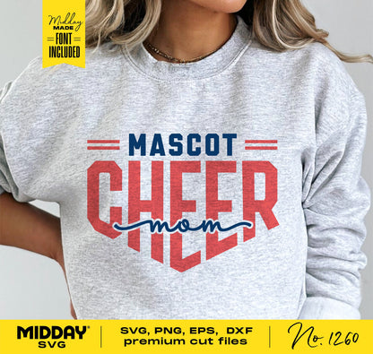 Cheer Mom sweatshirt design featuring the text 'Mascot Cheer Mom' in red and blue, perfect for Cricut projects and team apparel.
