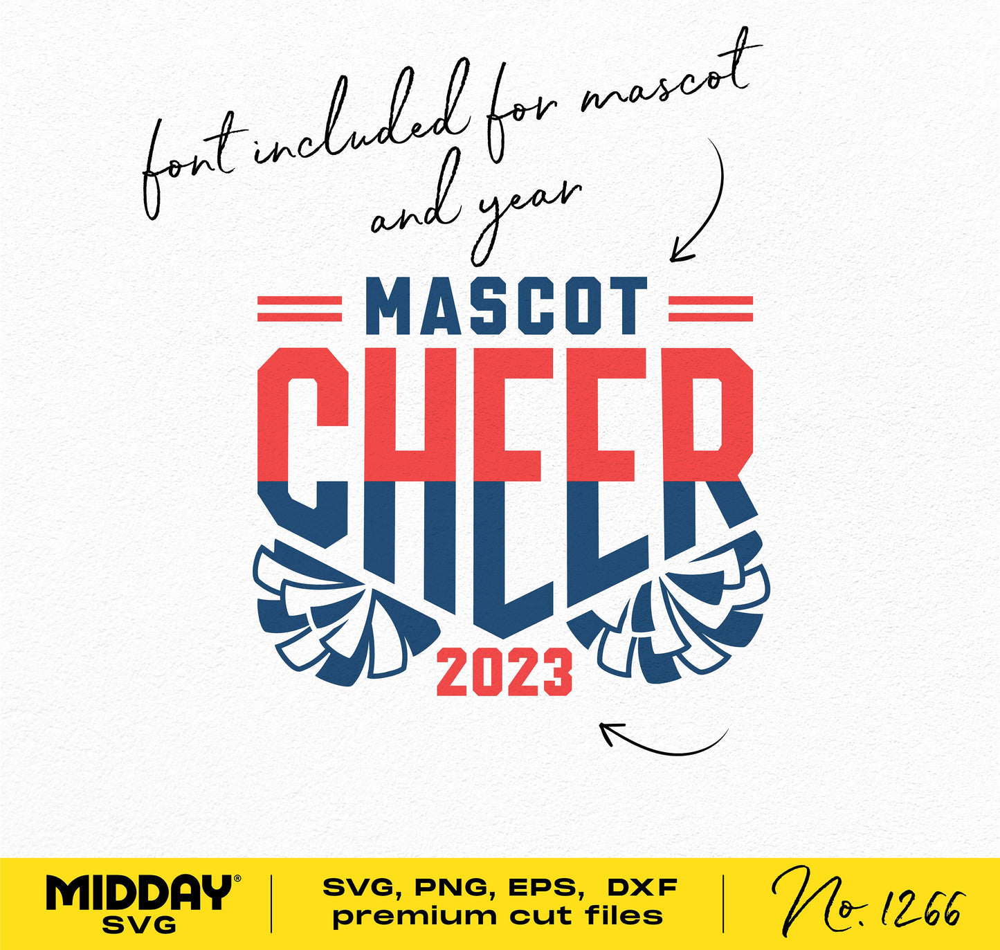 Cheer SVG design with pom poms, mascot customization, and 2023 text. Includes SVG, PNG, EPS, DXF files with editable font.
