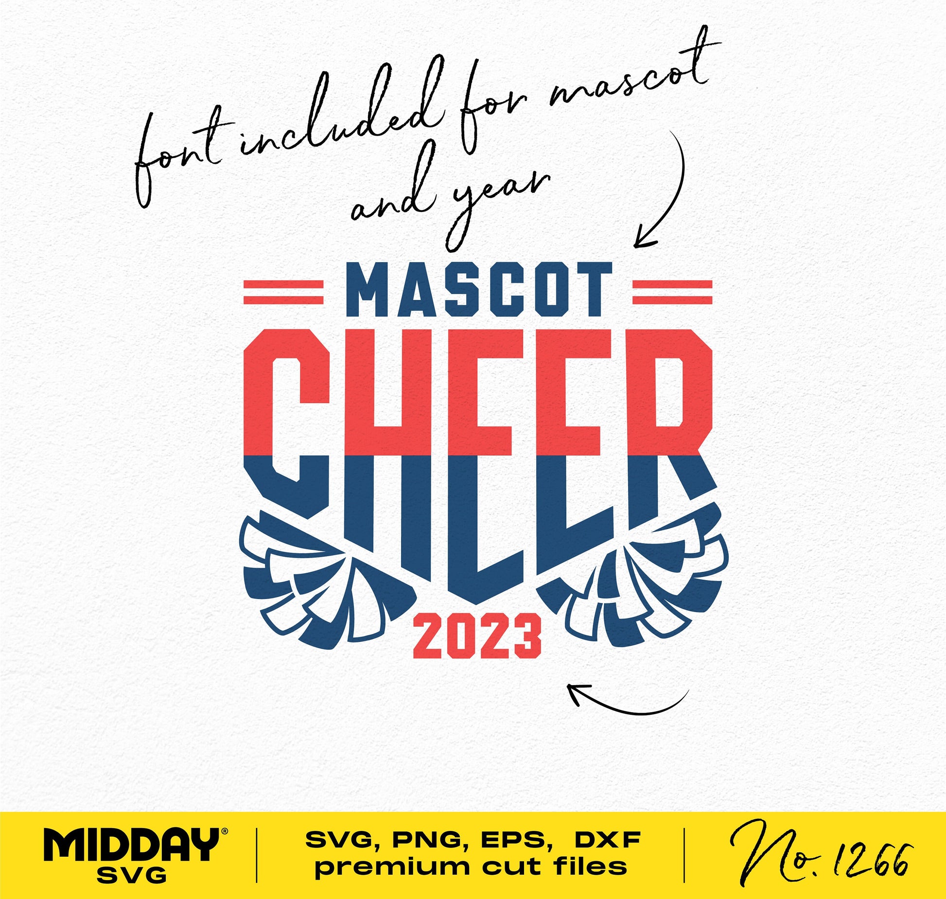 Cheer SVG design with pom poms, mascot customization, and 2023 text. Includes SVG, PNG, EPS, DXF files with editable font.