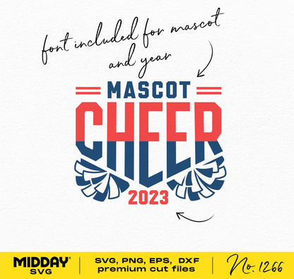 Cheer SVG design with pom poms, mascot customization, and 2023 text. Includes SVG, PNG, EPS, DXF files with editable font.