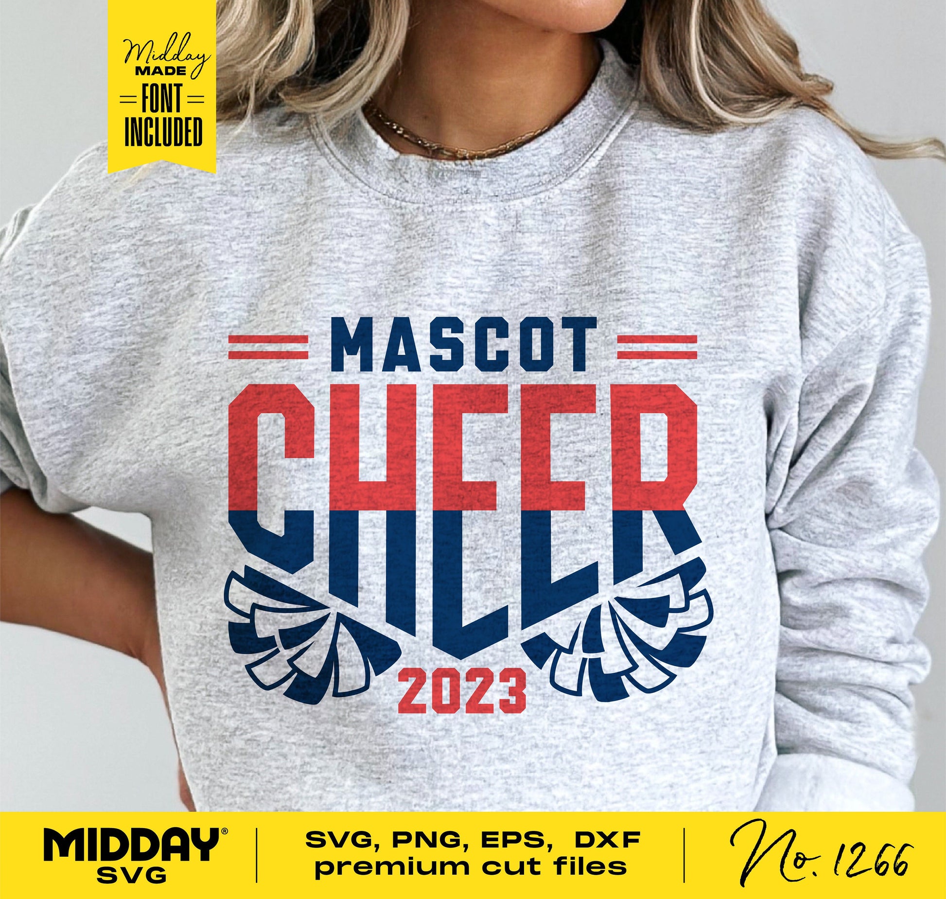 Person wearing a gray sweatshirt with 'Mascot Cheer 2023' design in red and blue, featuring pom poms, promoting a cheer team SVG file.