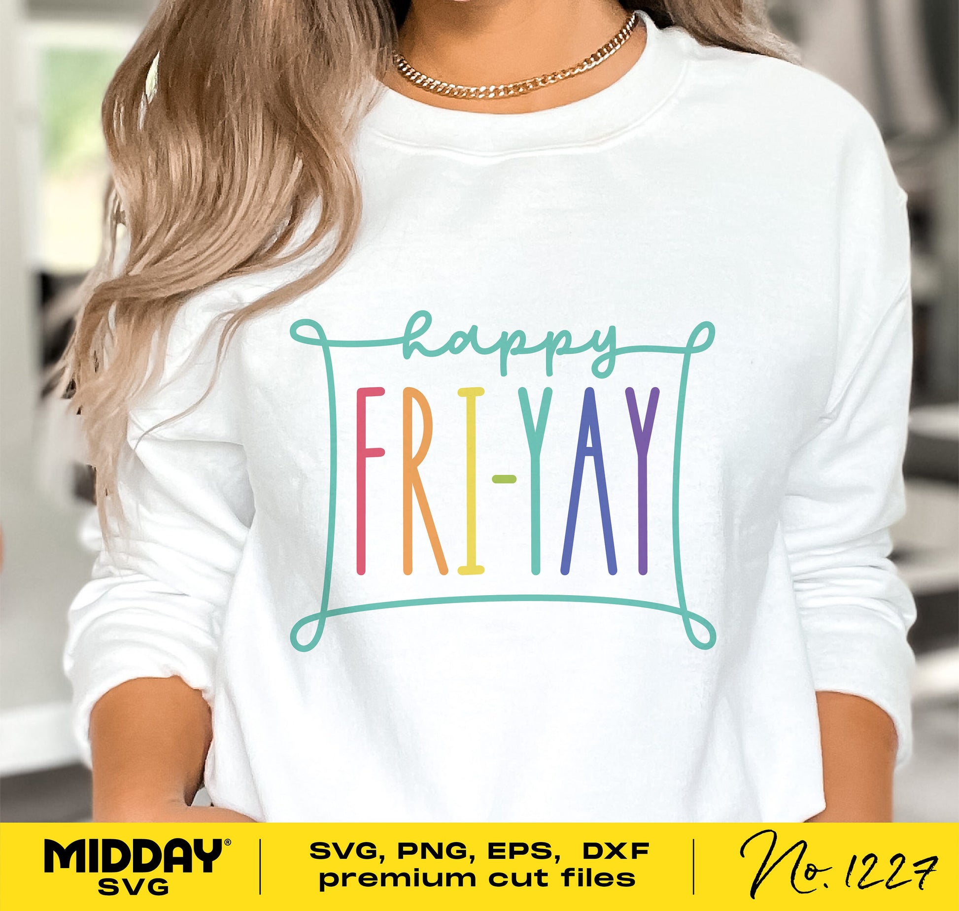 Happy Friyay SVG design on a white shirt, perfect for teachers and moms. Includes SVG, PNG, EPS, and DXF formats for crafting.