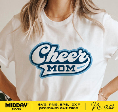 White shirt with blue 'Cheer Mom' design in SVG format, ideal for cheerleader apparel customization.