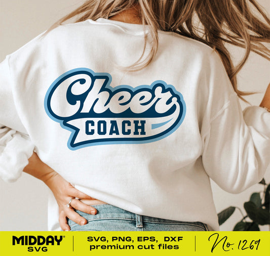 Person wearing white sweater with 'Cheer Coach' design, suitable for SVG, PNG, EPS, DXF formats, perfect for Cricut and sublimation projects.
