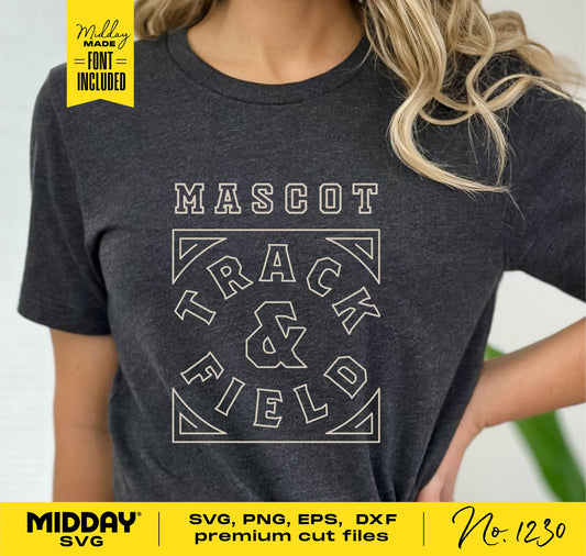 Person wearing a dark t-shirt with 'Mascot Track & Field' design, available as SVG, PNG, EPS, and DXF premium cut files from Midday SVG.