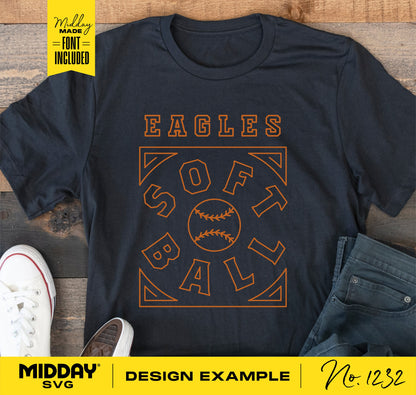 Eagles softball shirt design with orange text and detailed ball graphic on black fabric, perfect for team apparel and Cricut projects.