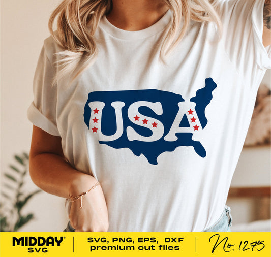 Woman wearing a t-shirt with USA map and stars design, suitable for 4th of July and patriotic occasions, available in SVG, PNG, and EPS formats.