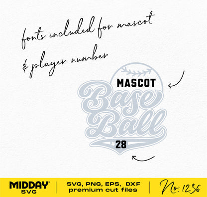 Baseball Team SVG design with mascot font and player number, includes SVG, PNG, EPS, and DXF files, perfect for Cricut projects.