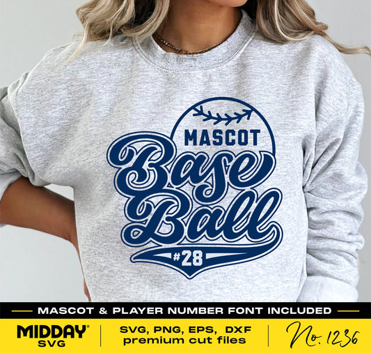 Woman wearing grey sweatshirt with "Mascot Base Ball #28" design including SVG, PNG, EPS, DXF formats for Cricut crafting.