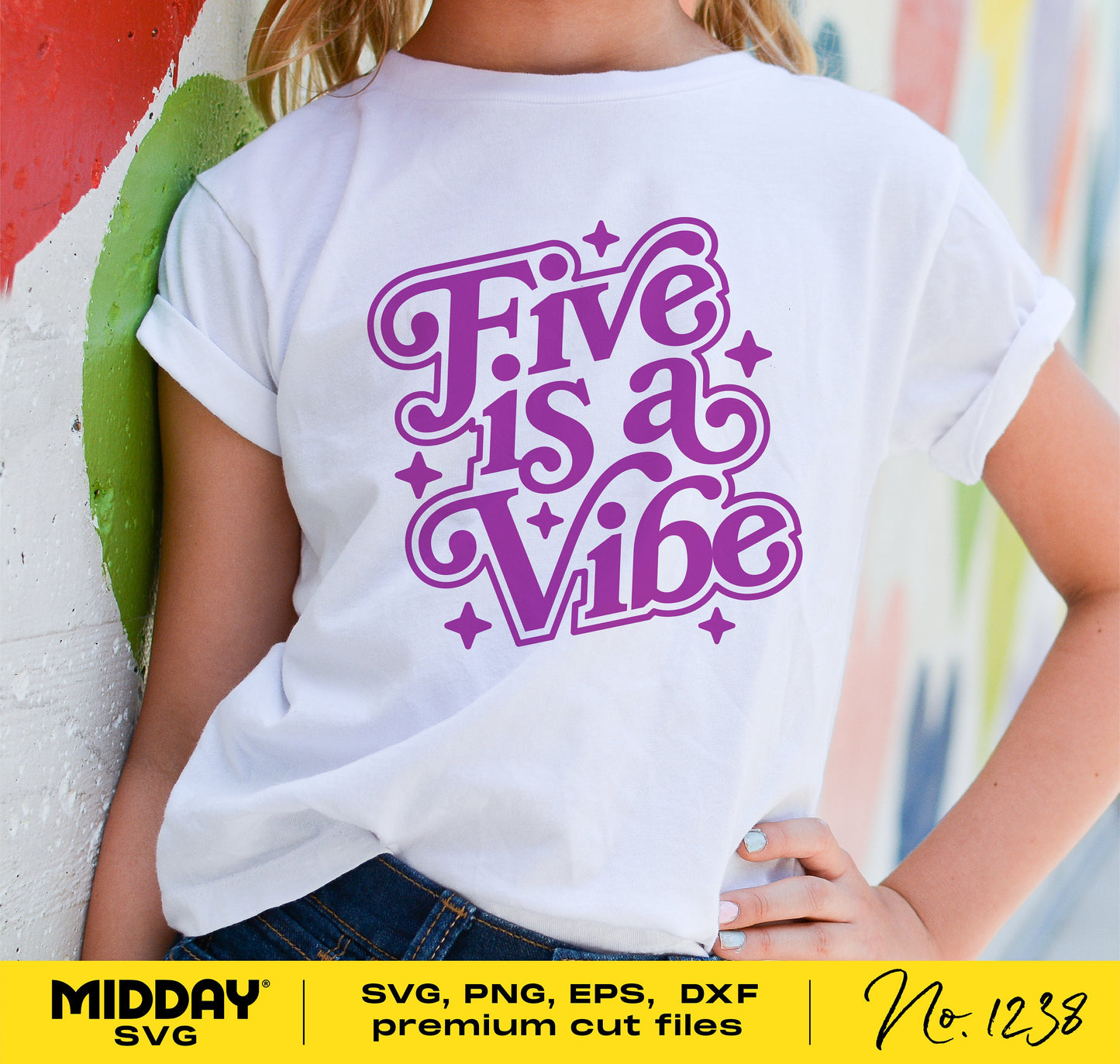 Girl wearing a white t-shirt with purple 'Five is a Vibe' design, perfect for a 5th birthday party. Available in SVG format for Cricut.