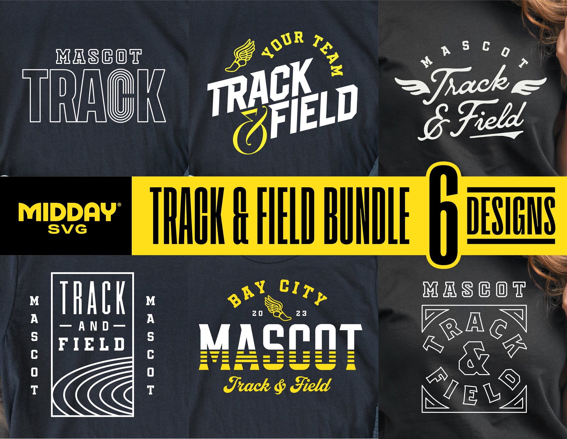 Track and Field Bundle with 6 SVG designs for team shirts, featuring bold track and field typography and graphics.