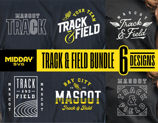 Track and Field Bundle with 6 SVG designs for team shirts, featuring bold track and field typography and graphics.