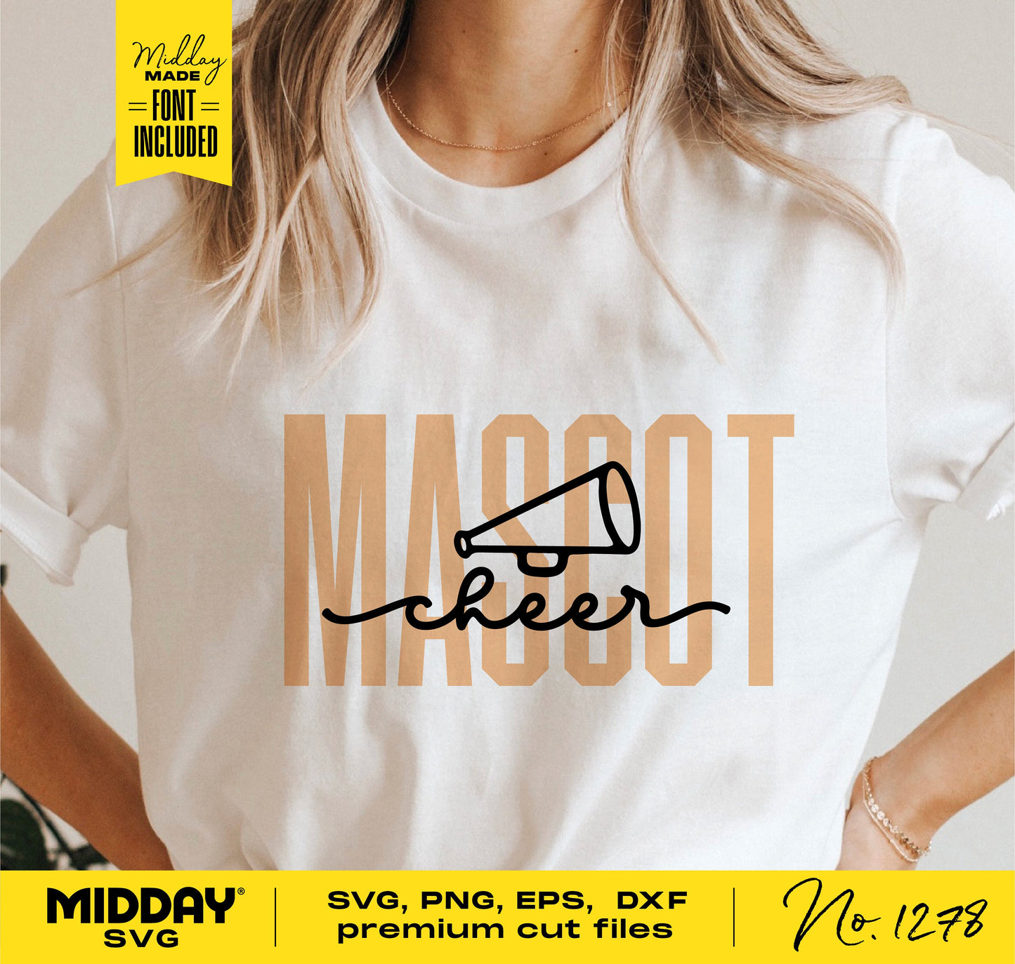 Cheer team template shirt with megaphone design for DIY Cricut projects, includes SVG, PNG, DXF, EPS files and font installation.