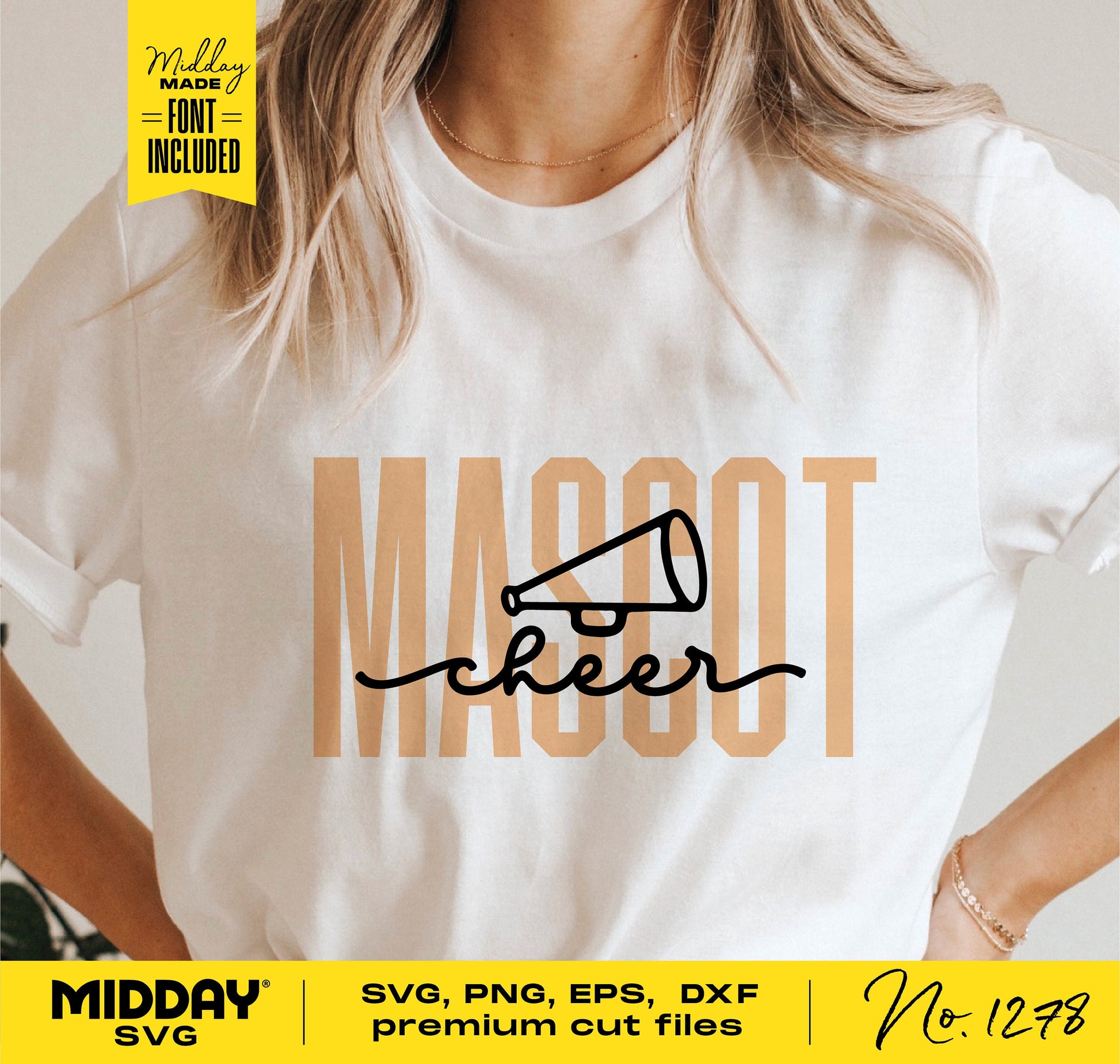 Cheer team template shirt with megaphone design for DIY Cricut projects, includes SVG, PNG, DXF, EPS files and font installation.