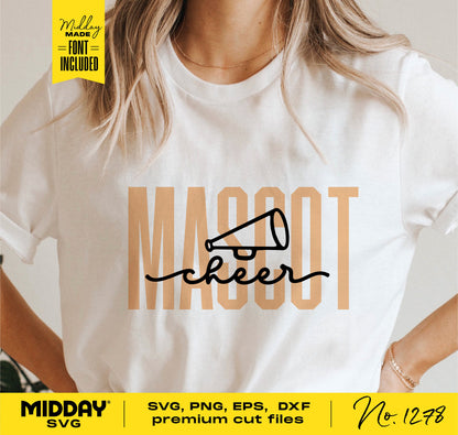 Cheer team template shirt with megaphone design for DIY Cricut projects, includes SVG, PNG, DXF, EPS files and font installation.