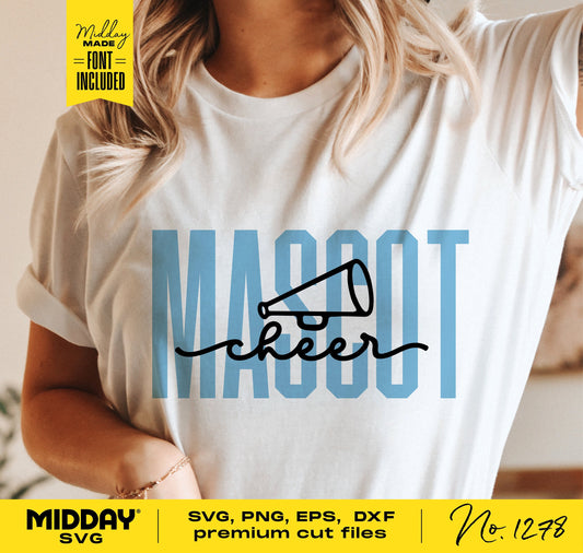 Person wearing a shirt with a cheerleader megaphone design. Includes SVG, PNG, EPS, DXF files for Cheer Team template. Font included.