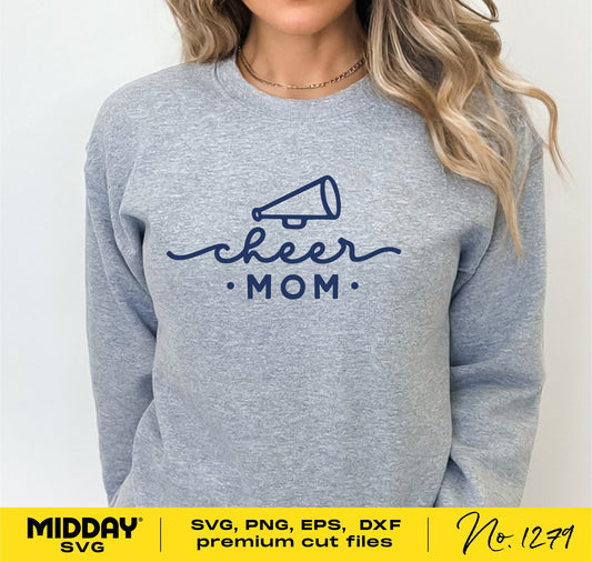 Grey sweatshirt with Cheer Mom design featuring a cheer cone. Available in SVG, PNG, EPS, DXF formats for Cricut and sublimation.