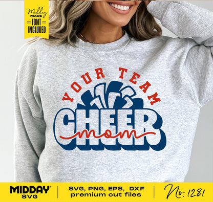 Woman wearing a gray sweatshirt with 'Your Team Cheer Mom' design, showcasing SVG, PNG, EPS, DXF file compatibility for crafting projects.