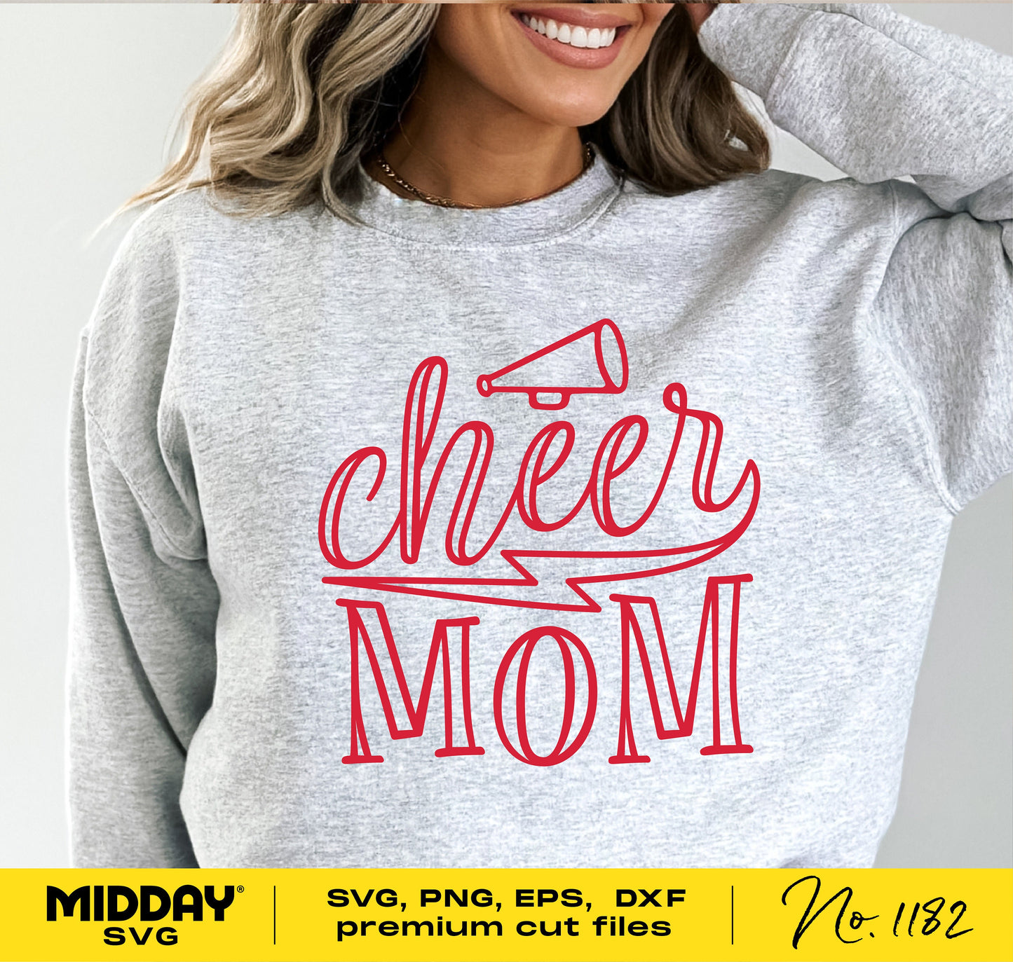 Gray sweatshirt with red 'Cheer Mom' design featuring a cheer cone and lightning bolt, suitable for Cricut and sublimation projects.