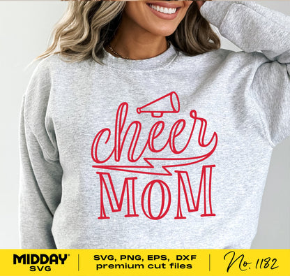 Gray sweatshirt with red 'Cheer Mom' design featuring a cheer cone and lightning bolt, suitable for Cricut and sublimation projects.