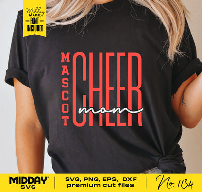 "Mascot Cheer Mom" SVG design on black shirt, perfect for Cricut projects and sublimation. Includes SVG, PNG, EPS, DXF formats.
