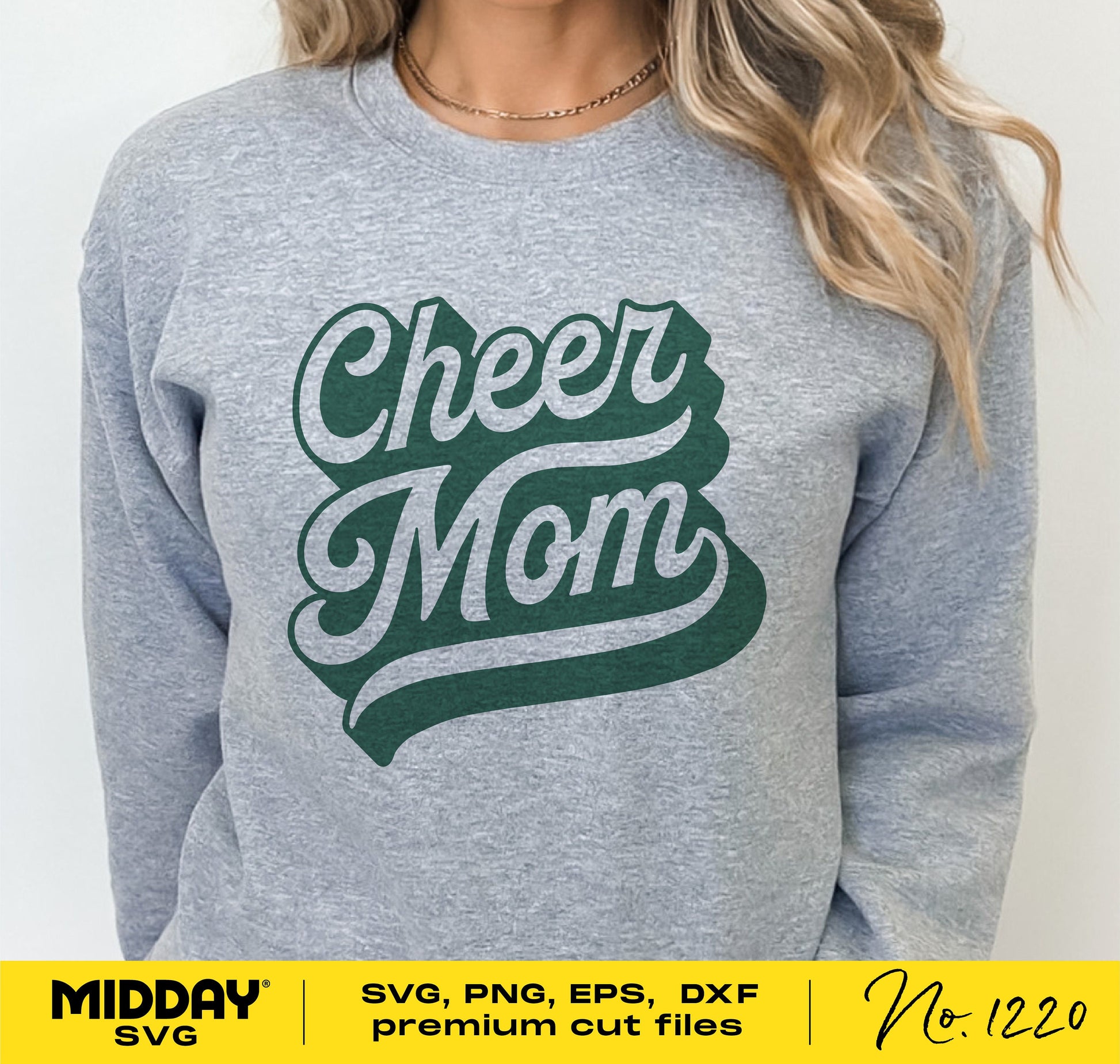 Gray sweatshirt with green 'Cheer Mom' design from SVG bundle, includes SVG, PNG, EPS, DXF formats, perfect for Cricut and sublimation projects.