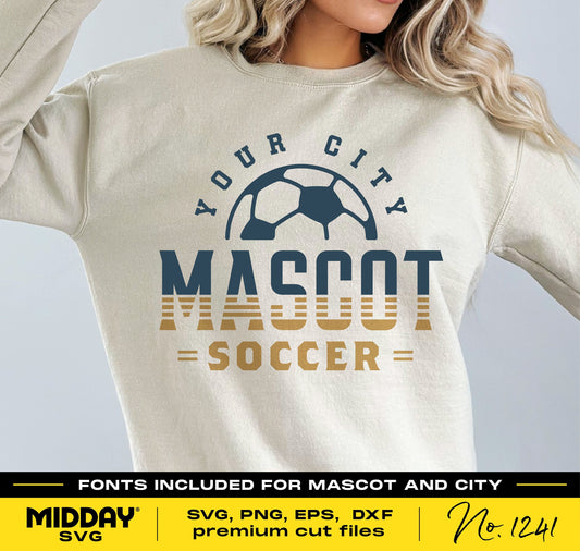 Soccer shirt design featuring customizable city mascot logo. Includes SVG, PNG, EPS, DXF premium cut files for Cricut and Silhouette.