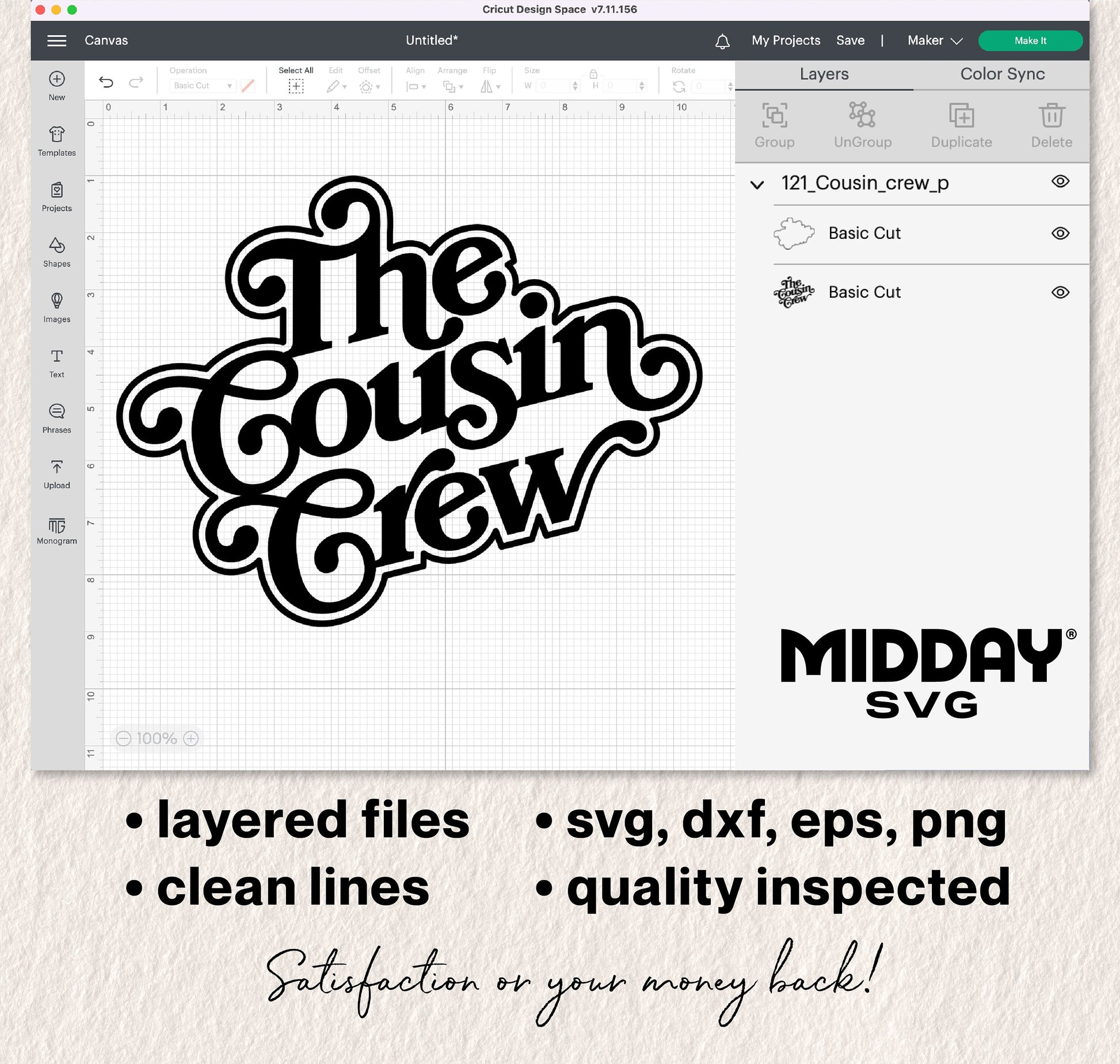 Cousin Crew SVG design displayed in Cricut Design Space, featuring clean, layered files in SVG, DXF, EPS, PNG formats by Midday SVG.