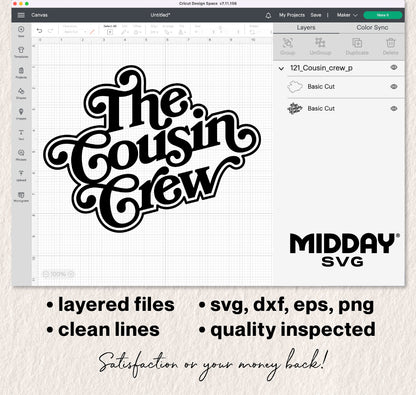 Cousin Crew SVG design displayed in Cricut Design Space, featuring clean, layered files in SVG, DXF, EPS, PNG formats by Midday SVG.