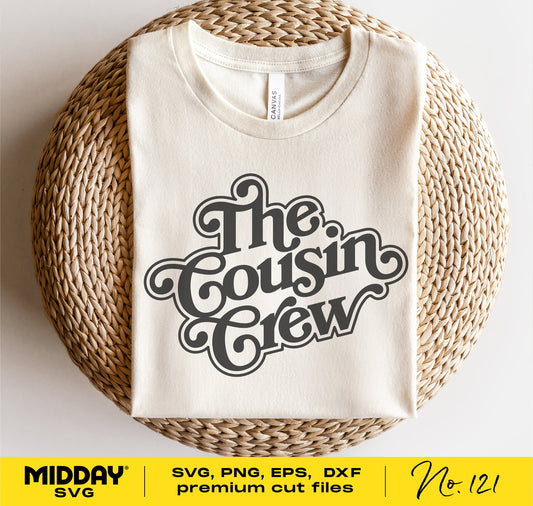 "The Cousin Crew" shirt displayed on a woven mat, featuring SVG, PNG, EPS, DXF formats for Cricut and Silhouette cutting machines.