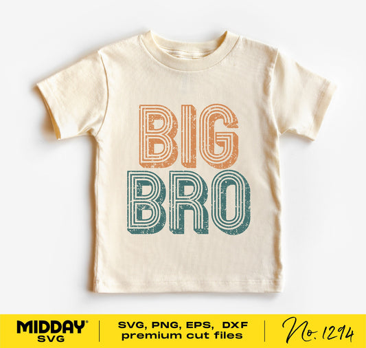 Big Bro toddler shirt design in cream with bold orange and blue letters, SVG PNG EPS DXF files for Cricut and Silhouette crafts.