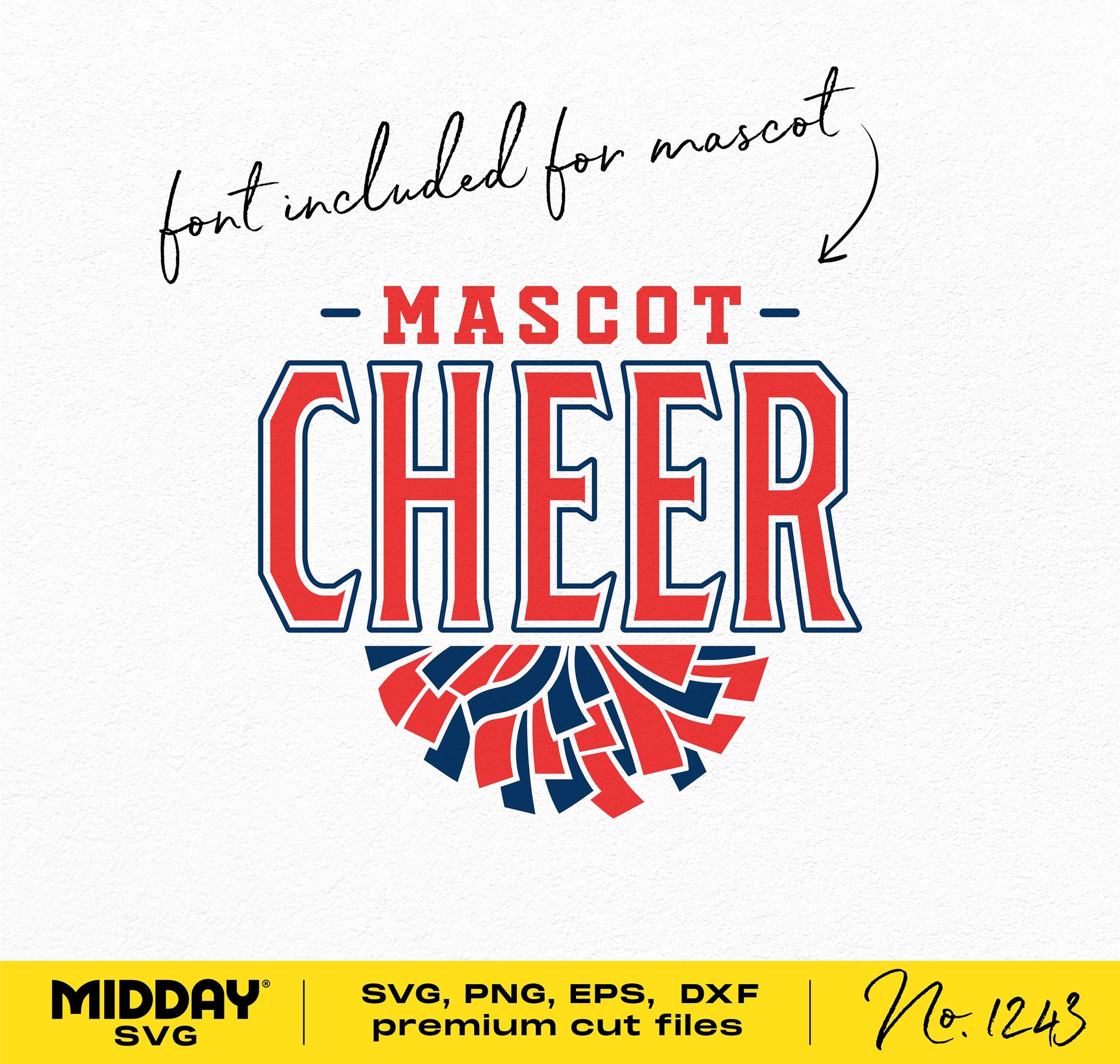 Cheerleading design SVG featuring 'Mascot Cheer' text in bold red and blue font with font included for customization.